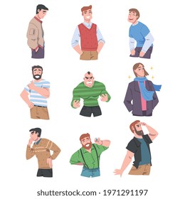 Young Men with Different Emotions Set, Cheerful, Angry, Stressed, Men, Human Emotions and Feelings Concept Cartoon Vector Illustration