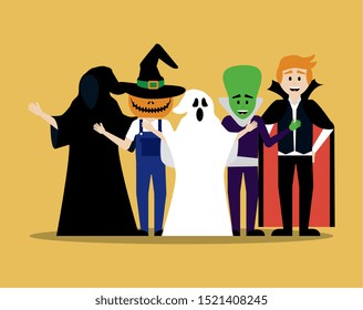 young men disguised for halloween vector illustration design