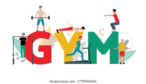 Young men do a workout. Guys train next to a large inscription - GYM. Vector flat illustration for design of posters, banners or web.