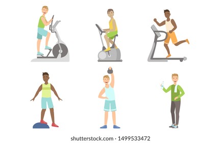 Young Men Doing Fitness Exercises in Gym Set, Guys Training with Treadmill, Exercise Bike, Platform Vector Illustration