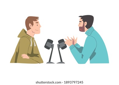 Young Men Doing Live Audio Podcast with Microphone, Radio Host Communicating with Guest in Studio Cartoon Style Vector Illustration