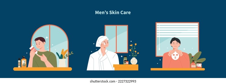 Young men are doing skincare. I put lotion on my face and put on a face mask.