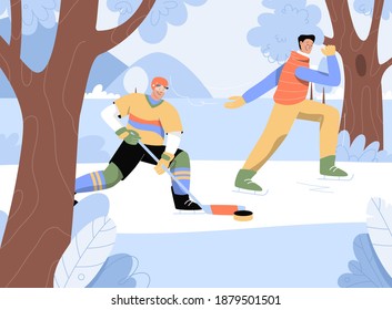 Young men doing winter sports outdoors. Guys playing hockey and riding skating at resort with snowy mountain and forest landscape. Trains or competing in tournament. Vector character illustration