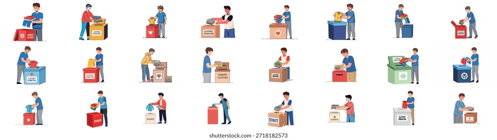 Jóvenes donando ropa en varias cajas y contenedores, ilustrando conceptos de caridad, reutilización y buena voluntad en una colección de Vector.