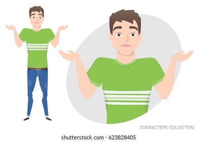 Young men doubt. Emotion of uncertainty and confusion on guy face. Cartoon style.