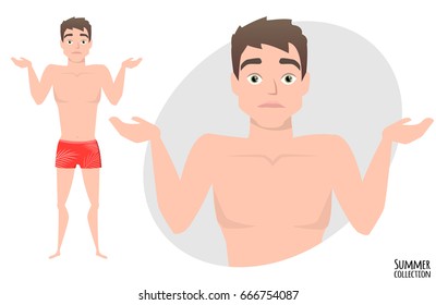Young men doubt. Emotion of uncertainty and confusion on guy face. Cartoon style. Men in a beach swimming trunks