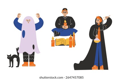 Young men dressed in different costumes. Halloween characters in linear flat style.