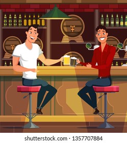 Young men drinking beer in pub vector illustration. Cheerful guy sitting at bar counter. Happy cartoon character holding glass of alcoholic beverage. Handsome caucasian man with pint beer glass