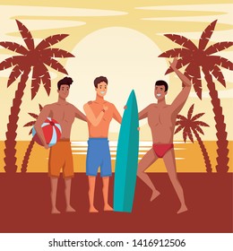 Young men enjoying summer in swimsuit cartoons in beach at sunny day scenery vector illustration