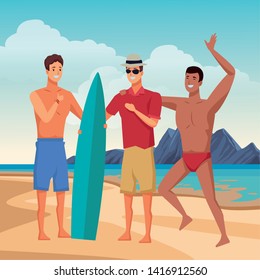 Young men enjoying summer in swimsuit cartoons in beach at sunny day scenery vector illustration