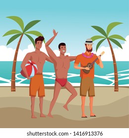 Young men enjoying summer in swimsuit playing guitar cartoons in beach at sunny day scenery vector illustration