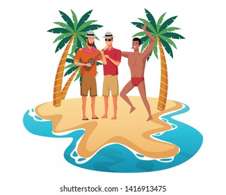 Young men enjoying summer in swimsuit playing guitar cartoons in beach at sunny day scenery isolated vector illustration