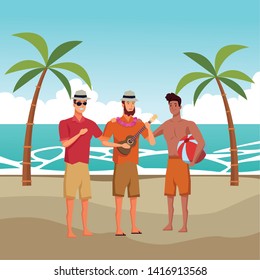 Young men enjoying summer in swimsuit playing guitar cartoons in beach at sunny day scenery vector illustration