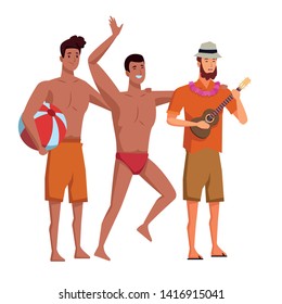 Young men enjoying summer in swimsuit playing guitar cartoons