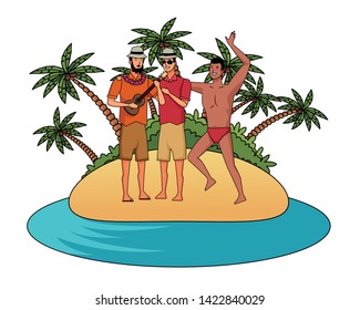 Young men enjoying summer in swimsuit playing guitar cartoons on beach scenery vector illustration graphic design