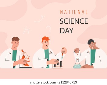 Young men experimenting in laboratory, making chemistry, biology, medicine research. National Science Day poster.