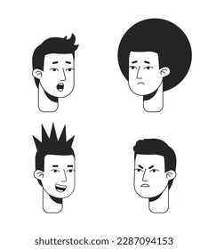 Jóvenes que expresan diferentes emociones monocromáticas de caracteres vectoriales planos empacan. Iconos de avatares blancos negros. Retratos editables de los usuarios de dibujos animados. Ilustraciones puntuales dibujadas a mano para el diseño gráfico web