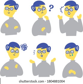 Young men expression emotion facial pose set, laugh, angry, cry.