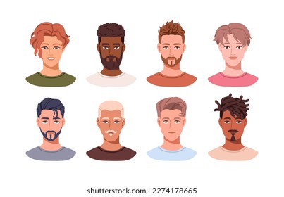 Young men, face avatars set. Head portraits of diverse male characters. Handsome attractive guys, user profiles of different ethnicity, hairstyle. Flat vector illustration isolated on white background