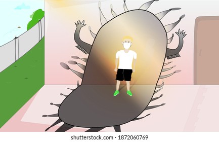 Young men face off against the shadow of the coronavirus devil. He put on a protective mask and quarantined himself in a safe home.