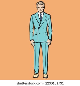 Young men. Fashion male model in suit. Ink pen drawing
