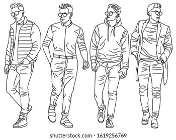 Young men with fashionable clothes. Elegant fashion models.
