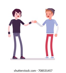 Young men fist bump. Friendly, healthy and safe environment, training and supervision. Youth community and volunteer team concept. Vector flat style cartoon illustration, isolated, white background