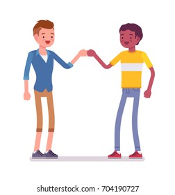 Young men fist bump gesture. Informal salutation. Friendship and communication concept. Vector flat style cartoon illustration, isolated, white background
