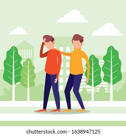 young men friends in the camp vector illustration design