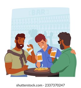 Young Men Friends Characters Enjoy Socializing And Bonding Over Beers and Snacks In A Lively Bar Setting, Creating Lasting Memories And Forming Strong Friendships. Cartoon People Vector Illustration