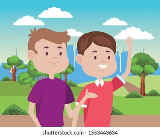 young men friends characters in the field vector illustration design