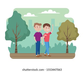 young men friends characters in the field vector illustration design