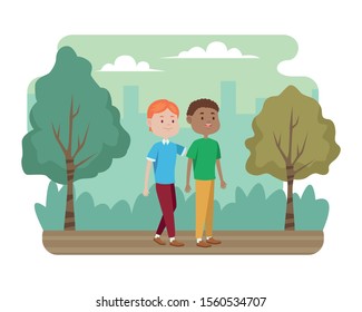 young men friends characters in the field vector illustration design