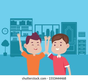 young men friends characters on the house vector illustration design
