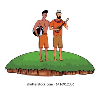 Young men friends enjoying summer with swimsuit playing guitar on grass outdoors scenery vector illustration graphic design