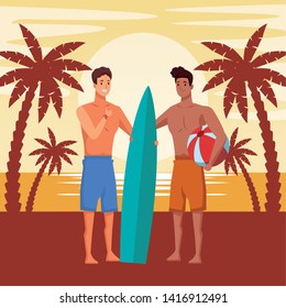 Young men friends enjoying summer with swimsuitwith surf table in beach at sunny day scenery vector illustration