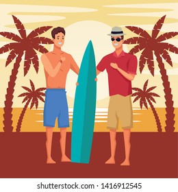 Young men friends enjoying summer with swimsuitwith surf table in beach at sunny day scenery vector illustration