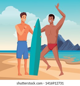 Young men friends enjoying summer with swimsuitwith surf table in beach at sunny day scenery vector illustration