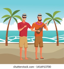 Young men friends enjoying summer playing guitar in beach at sunny day scenery vector illustration