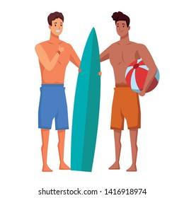 Young men friends enjoying summer with swimsuitwith surf table