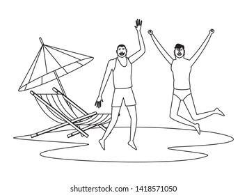 Young men friends enjoying summer and jumping in swimsuit in the beach scenery vector illustration graphic design
