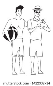 Young men friends enjoying summer with swimsuit drinking coconut cocktail vector illustration graphic design