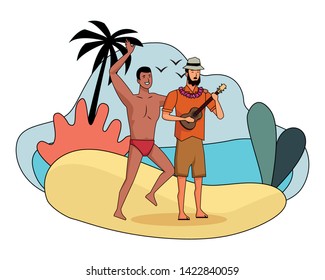 Young men friends enjoying summer with swimsuit playing guitar on beach scenery vector illustration graphic design