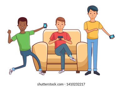 young men friends excited using smartphone device sitting at couch cartoon vector illustration graphic design
