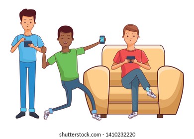 young men friends excited using smartphone device sitting at couch cartoon vector illustration graphic design