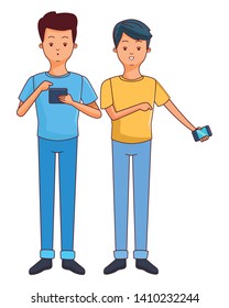 young men friends excited using smartphone device cartoon vector illustration graphic design