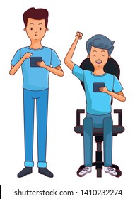 young men friends excited using smartphone device sitting at offiice chair cartoon vector illustration graphic design
