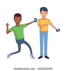 young men friends excited using smartphone device cartoon vector illustration graphic design