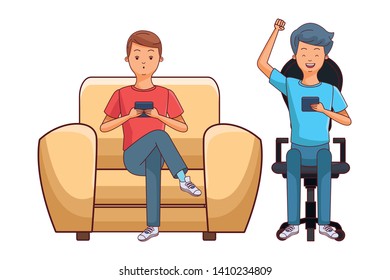 young men friends excited using smartphone device sitting at couch and office chair cartoon vector illustration graphic design