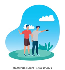 young men friends taking a selfie in the park